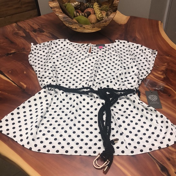 Vince Camuto Ruffle Sleeve Belted Dot Blouse - Picture 4 of 8